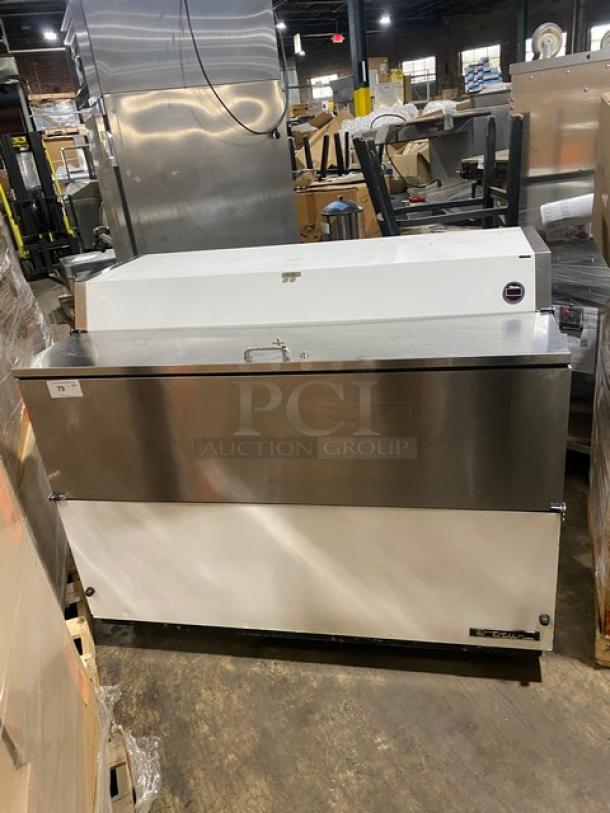 True TMC-58 commercial milk cooler, white/stainless, one-sided, with poly coated wired rack, Model TMC-58, SN: 4895573.