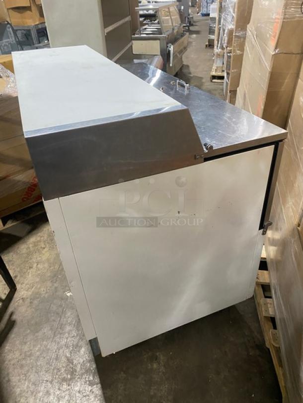 True TMC-58 milk cooler, white/stainless steel, includes poly-coated wired rack, single-sided, commercial use.