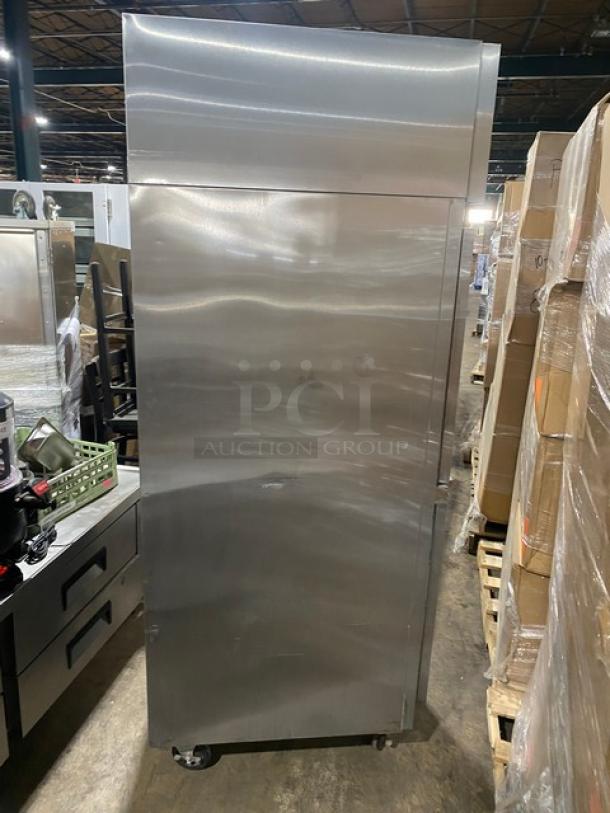 Victory ULTRASPEC RS-1D-S7 commercial stainless steel refrigerator with wide pan slide, sturdy condition, on casters.