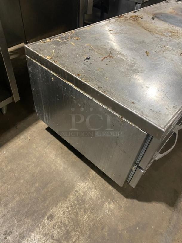Beverage-Air 4-drawer stainless steel chef base, model WTRCS72-1, 72", on casters, visibly worn and scratched surface.
