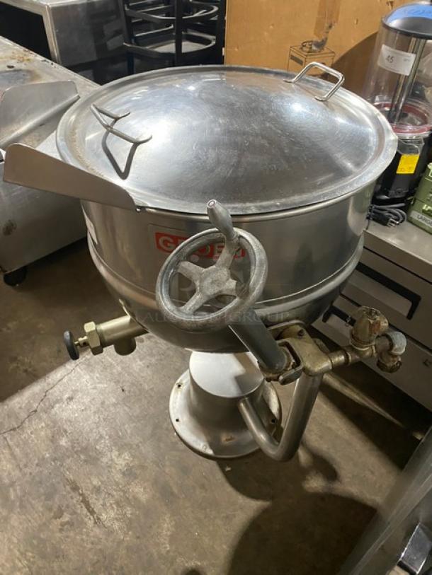 Groen 30-Gal. Tilting Steam Kettle, Model D2T30, stainless steel, natural gas powered, visible control valves, well-maintained.