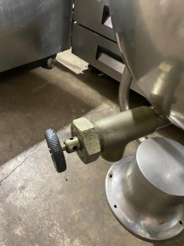 Groen 30-Gal. Tilting Steam Kettle, Model D2T-30, Stainless Steel, Natural Gas Powered, SN: 39024, valve handle detail.