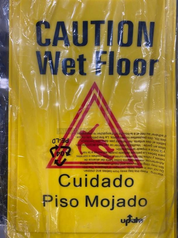 Update International WFS25 wet floor sign, yellow, fold-out style, bilingual text "Caution Wet Floor" and "Cuidado Piso Mojado," brand new.