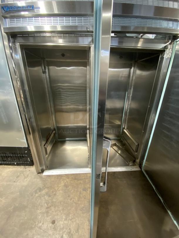 Victory Commercial stainless steel 2-door roll-thru heated holding cabinet, dual compartment controls, excellent condition.