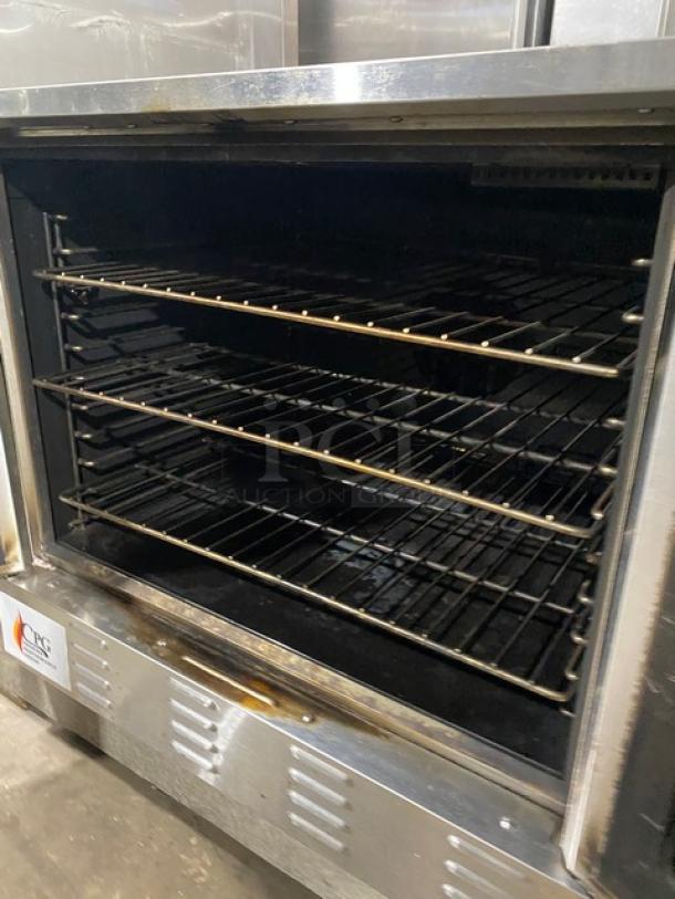 CPG FGC100 stainless steel convection oven, natural gas powered, includes thermostatic control, wired oven rack, SN: 0517FGCN079.