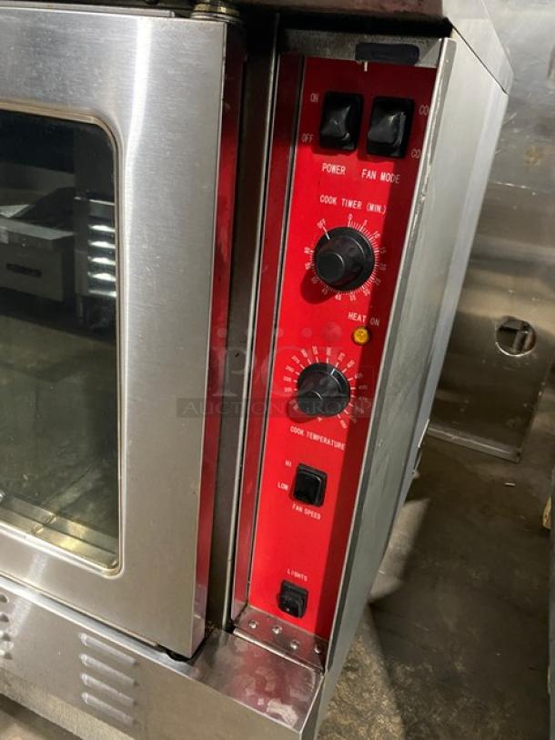 CPG FGC100 stainless steel convection oven with thermostatic control, wired rack, red control panel; natural gas, model FGC100.