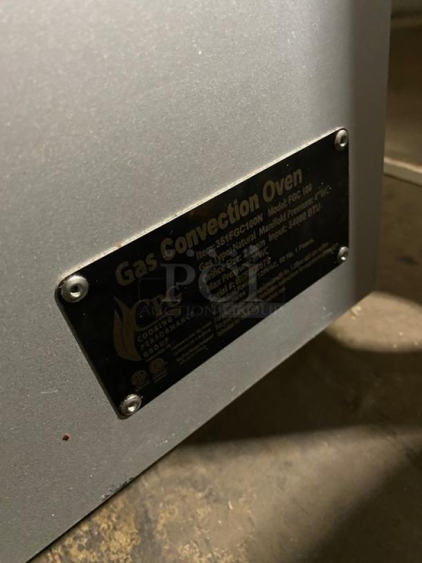 CPG FGC100 stainless steel natural gas convection oven, features thermostatic control, wired rack; model label shown.