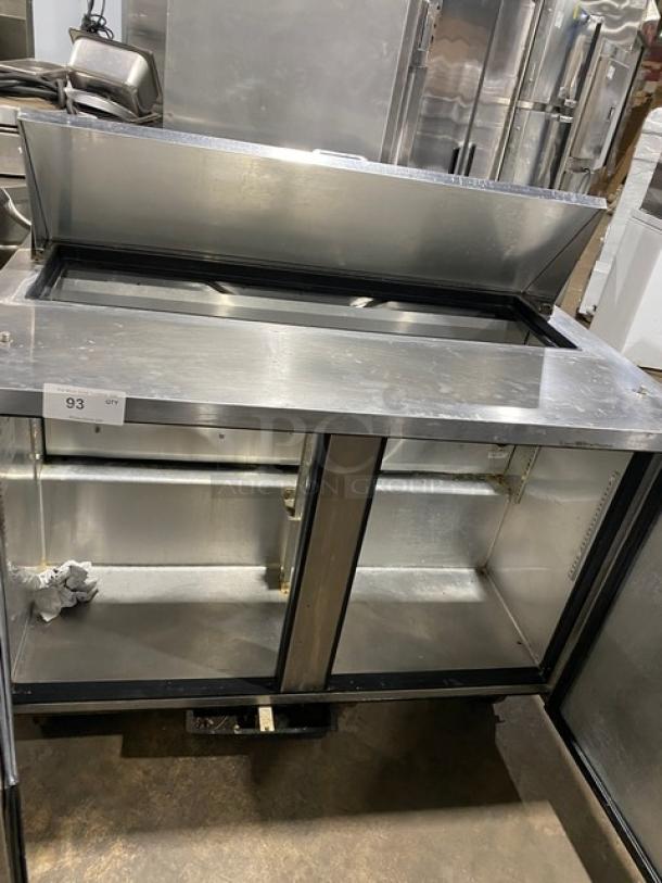 True TSSU-48-12 stainless steel 2-door refrigerated prep table, bain marie style, on casters, clean condition.