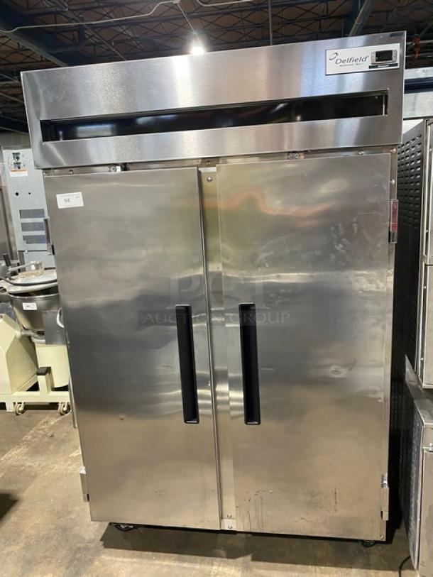 Delfield 6151XL-S stainless steel 2-door reach-in freezer, Energy Star certified, with poly-coated racks and casters.