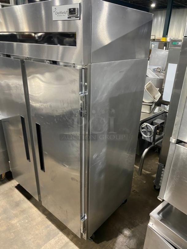 Delfield 6000XL Series 2-Door Stainless Steel Freezer, Model 6151XLS, with poly-coated rack, Energy Star certified, on casters.