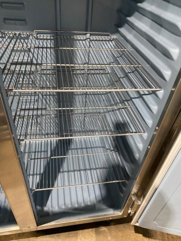 Delfield 6000XL Series stainless steel 2-door reach-in freezer, Model 6151XL-S, with poly-coated wire rack, Energy Star certified.
