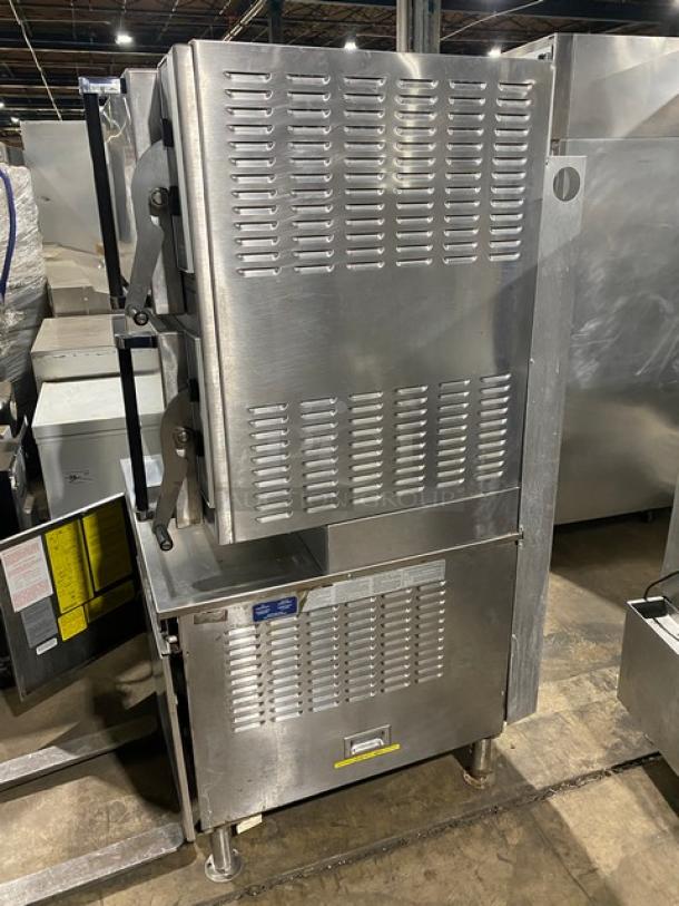 Cleveland Range Pro-XVI Series stainless steel dual compartment 16-pan convection steamer, Model 36CGM16300, on legs, natural gas, 115V 1 Phase.