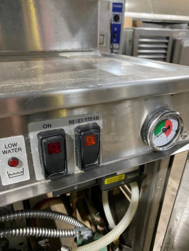 Cleveland Range Pro-XVI Series 36CGM16300 dual compartment convection steamer. Stainless steel with control panel, low water indicator, and pressure gauge.