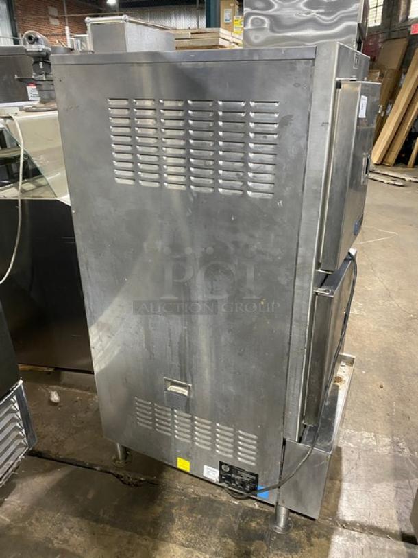 Cleveland Range SteamCraft Ultra-10 stainless steel dual compartment 10-pan convection steamer, 24CGA10 model, natural gas, on legs.