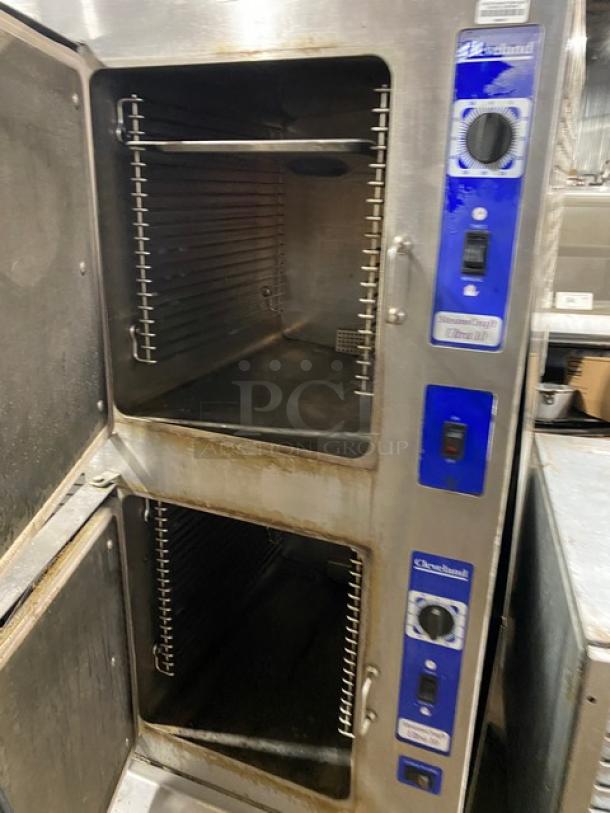 Cleveland Range SteamCraft Ultra-10 dual compartment 10-pan convection steamer, Model 24CGA10, stainless steel, natural gas, on legs.