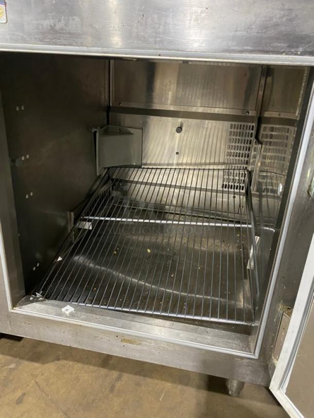 Traulsen UC1LT undercounter stainless steel freezer, single door, chrome-plated rack, on legs, 115V 1-phase.