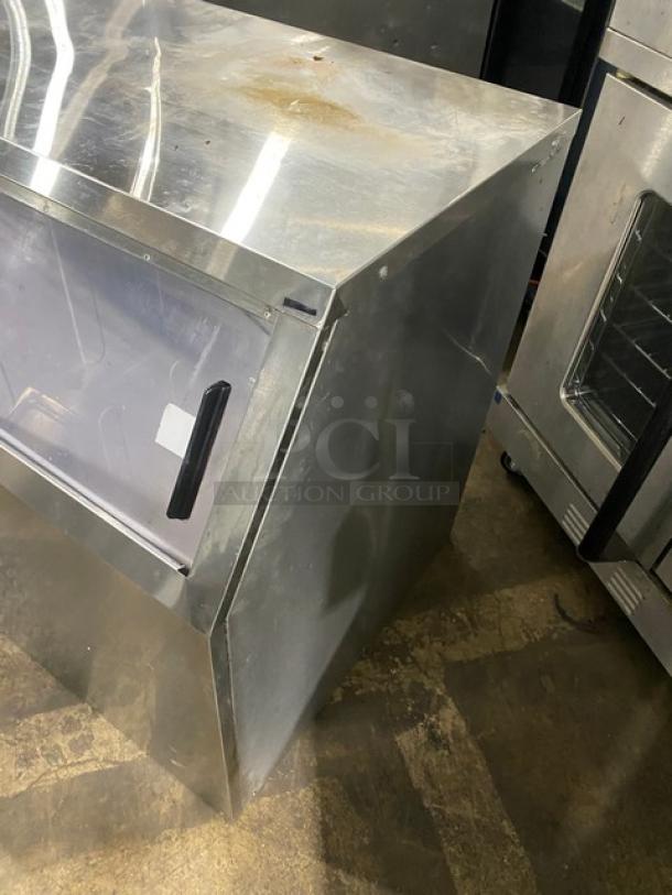 Hoshizaki F-500BAJ ice maker, stainless steel, flake style, undercounter, air-cooled, electric, visible handle, used condition.