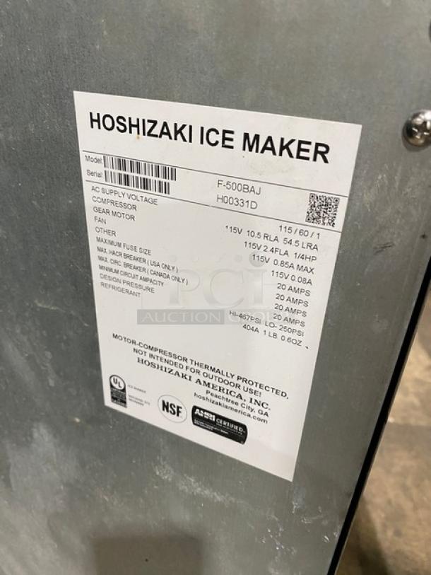 Hoshizaki F-500BAJ commercial ice maker label, model and serial number H00331D, 115V, air-cooled, flake ice style.