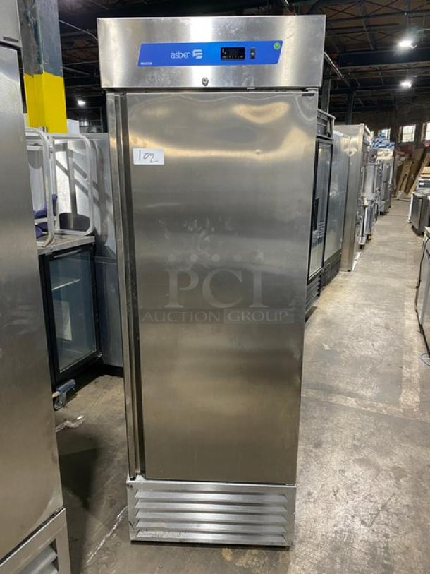 Asber commercial stainless steel single door reach-in freezer, model ARF-23-H F HC, features poly coated wired rack.