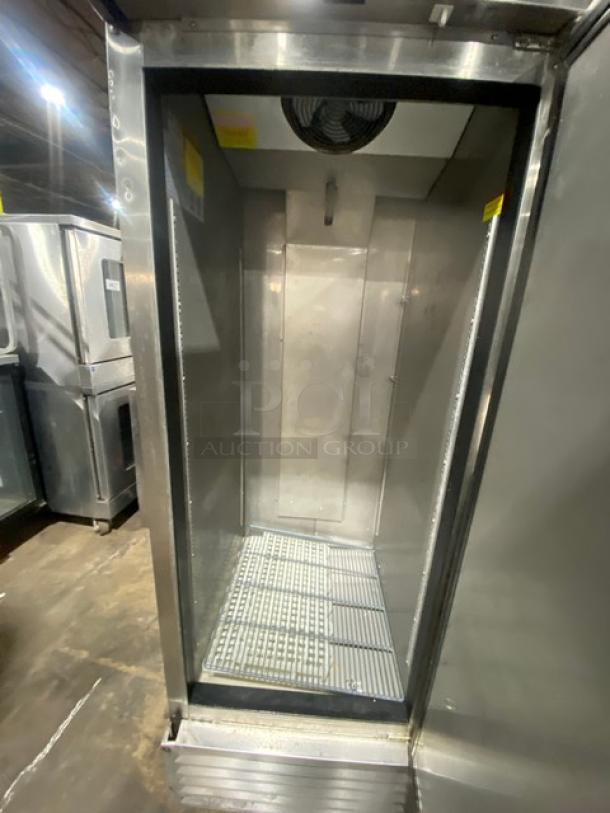 Asber stainless steel single door reach-in freezer, Model ARF23HFHC, with poly-coated wired rack, excellent condition.