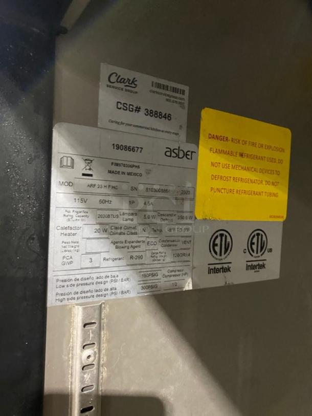 Asber ARF23HFHC single door freezer label, showing model and serial number details. 115V, 5.0A, R-290 refrigerant.
