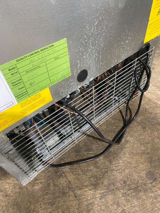 Asber ARF-23-H F HC stainless steel single door freezer, features poly coated wire rack, inspection tags visible.