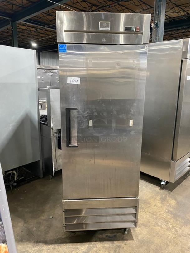 Kelvinator commercial stainless steel single door freezer, model KCBM23FSE, Energy Star certified, with poly-coated rack and casters.