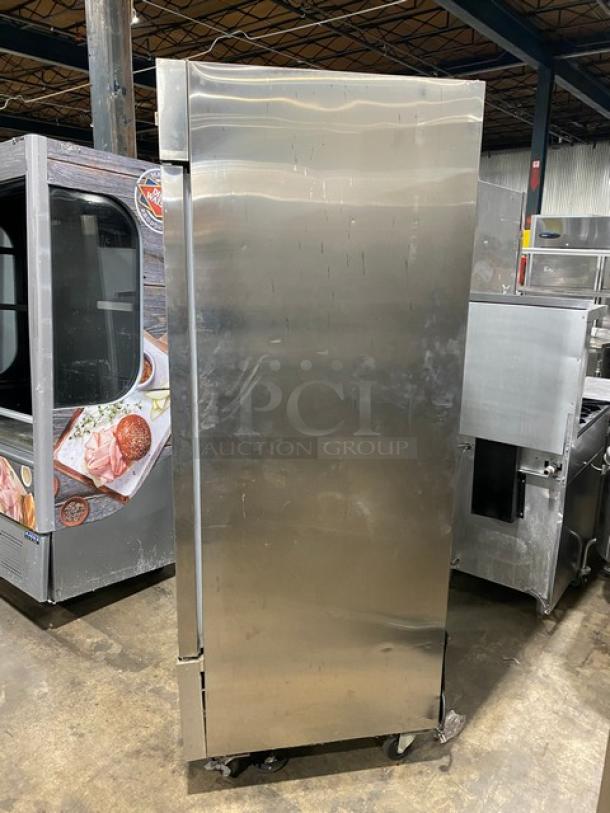 Kelvinator Commercial Stainless Steel Single Door Freezer, Model KCBM23FSE, Energy Star Certified, with casters and poly-coated rack.
