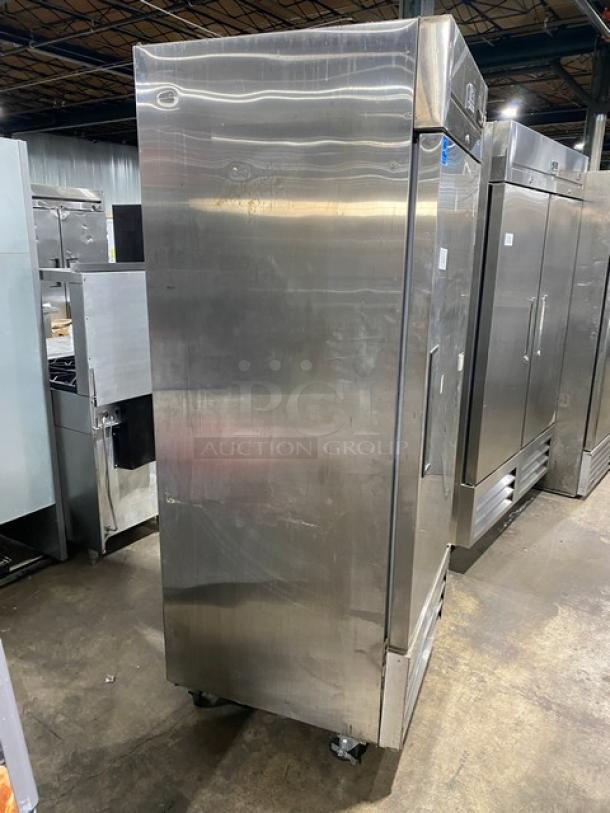 Kelvinator commercial stainless steel solid single door reach-in freezer, model KCBM23FSE, Energy Star certified, on casters.