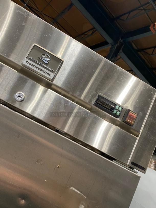 Kelvinator commercial stainless steel single door freezer, model KCBM23FSE, features poly coated rack, on casters, Energy Star certified.