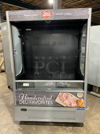 Ojeda ALPA120G2 refrigerated merchandiser display case, open grab-n-go style, Dietz & Watson branding, 120V, used condition.