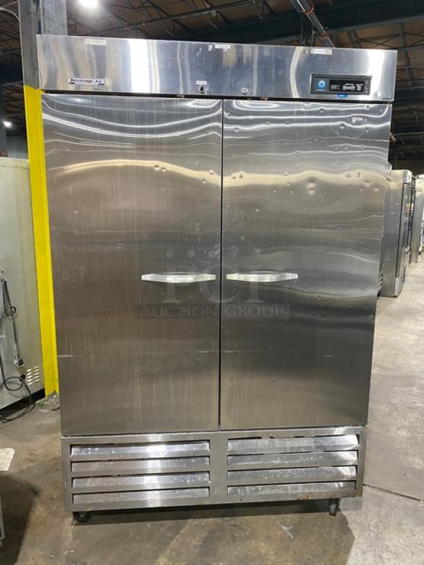 Beverage-Air stainless steel 2-door reach-in freezer, model KF48-1AS, SN: BF48012089, on casters, 115V, 1 phase, commercial use.