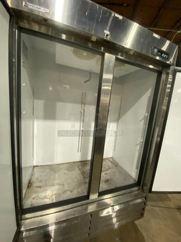 Beverage-Air KF48-1AS stainless steel 2-door reach-in freezer on casters, shown open, commercial use, 115V, Model: KF481AS.