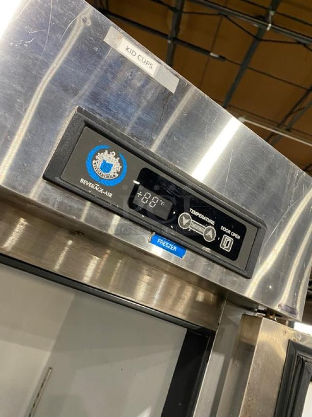Beverage-Air stainless steel 2-door reach-in freezer, model KF48-1AS, digital display, on casters, commercial-grade.