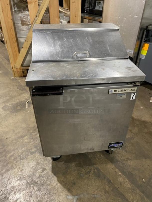 Beverage-Air Elite Series SPE27 stainless steel refrigerated prep table, single door, on casters, used condition, model SPE27.
