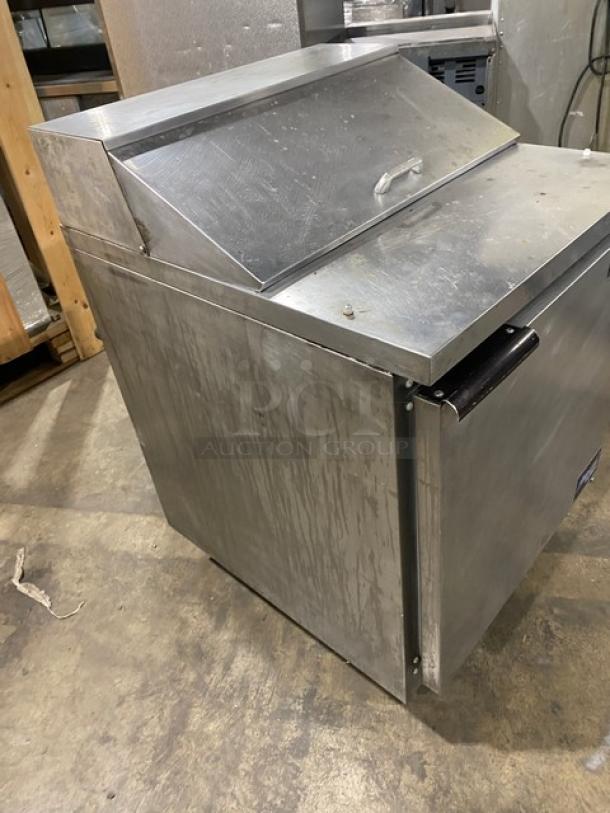 Beverage-Air Elite SPE27 stainless steel single-door refrigerated prep table with bain marie style, on casters, 115V, 1 phase.