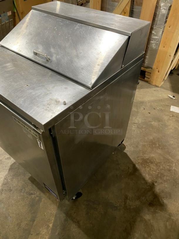 Beverage-Air Elite Series SPE27 stainless steel refrigerated prep table, single door, on casters, 115V, good condition.