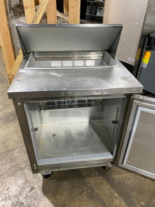 Beverage-Air Elite Series SPE27 stainless steel refrigerated prep table, single door, bain marie style, on casters, 115V.