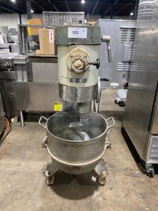 Reynolds Commercial 60 Qt. Planetary Mixer, Model 1060, with mixing bowl and dough hook attachment. 115V, 1 Phase, on legs.