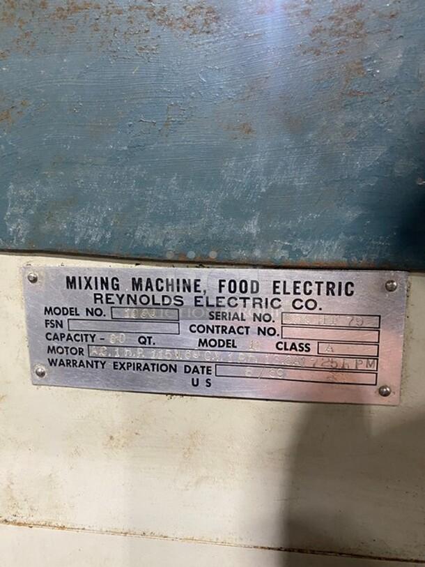 Reynolds 60 Qt. Mixer, model 1060, with mixing bowl and dough hook. Serial no. 536HF79. 115V, 1 phase. Used, on legs.