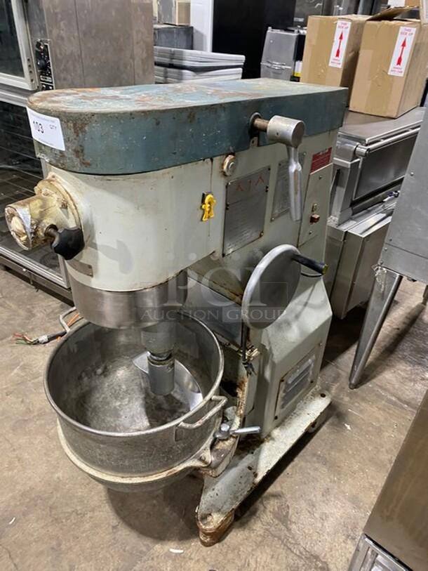 Reynolds Model 1060 electric planetary mixer, 60 qt, with bowl and dough hook, SN: 536HF79, on legs, fair condition.