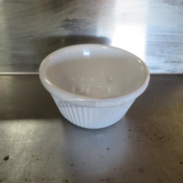 NEW Poly Ramekin, model 12XBID, white, ribbed exterior, pristine condition, ideal for baking or serving.