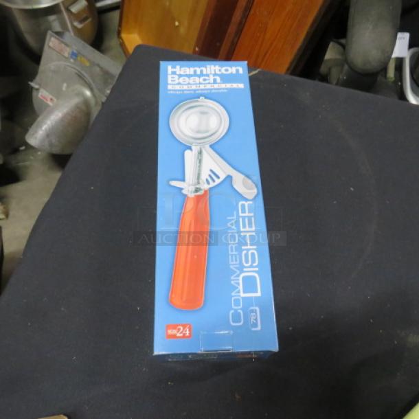 Hamilton Beach Size 24 Disher in box, vibrant orange handle, new condition, commercial quality, blue packaging.