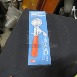 Hamilton Beach Size 24 Disher in box, vibrant orange handle, new condition, commercial quality, blue packaging.