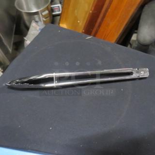 New 12-inch stainless steel tong, silver, with a lock mechanism for secure storage. Mint condition.