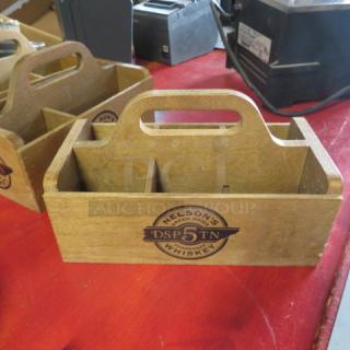 Nelsons Whiskey wooden caddy, features DSP 5 TN logo, vintage-style, good condition, handle for easy carrying, divided compartments.