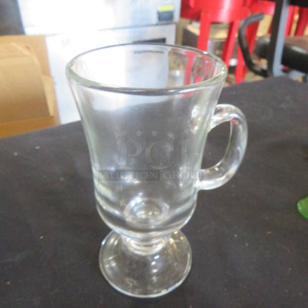 NEW Libbey 8.5oz Irish Coffee Mug, clear glass, pedestal base, handle, excellent condition.
