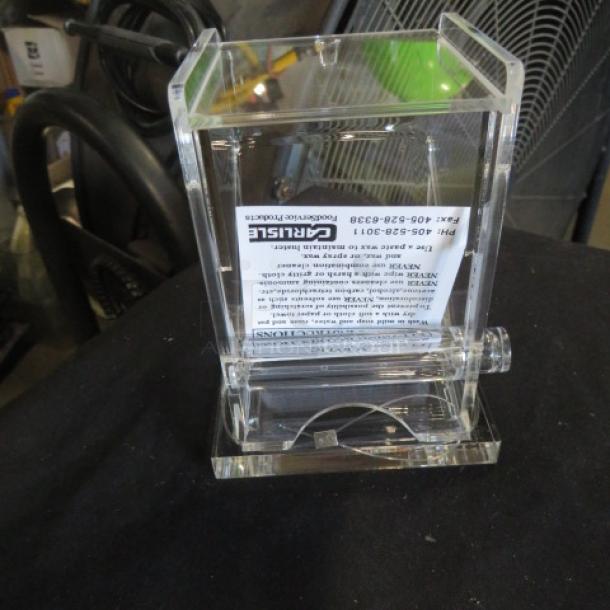 Clear Carlisle acrylic toothpick dispenser, new condition, featuring a transparent design with visible product label.