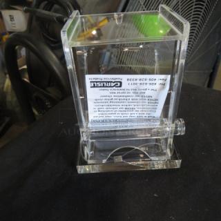 Clear Carlisle acrylic toothpick dispenser, new condition, featuring a transparent design with visible product label.