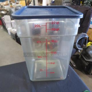 22 Quart Food Storage Container with Lid, clear with red measurement markings, navy blue lid, used condition.
